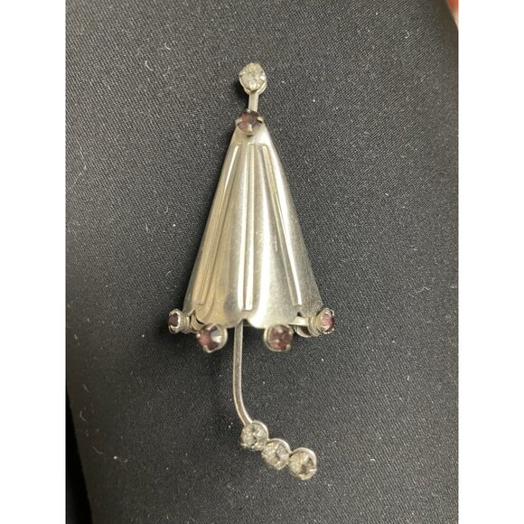Vintage Umbrella Rhinestone Silver-tone Statement Brooch Rare